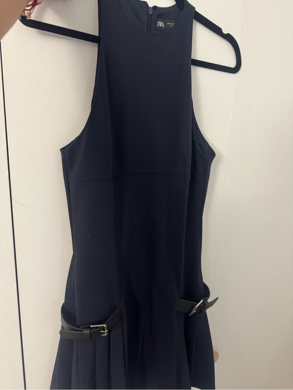 ZARA Navy Sleeveless Midi Dress with Side Buckle Detail